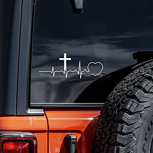 Christian Cross Heartbeat Vinyl Decal Sticker - 8" x 3"
