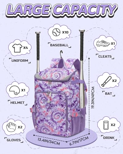 Light Purple Baseball & Softball Gear Bag for Kids Ages 8-12 – Spacious, Durable, Comfortable Carrying