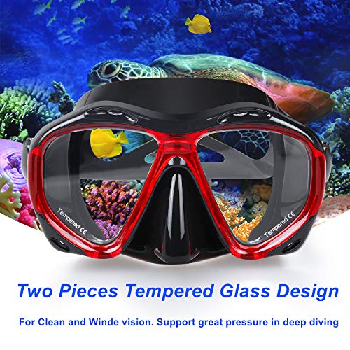 Panoramic Snorkel Diving Mask - Anti-Fog Tempered Glass - Black Red
