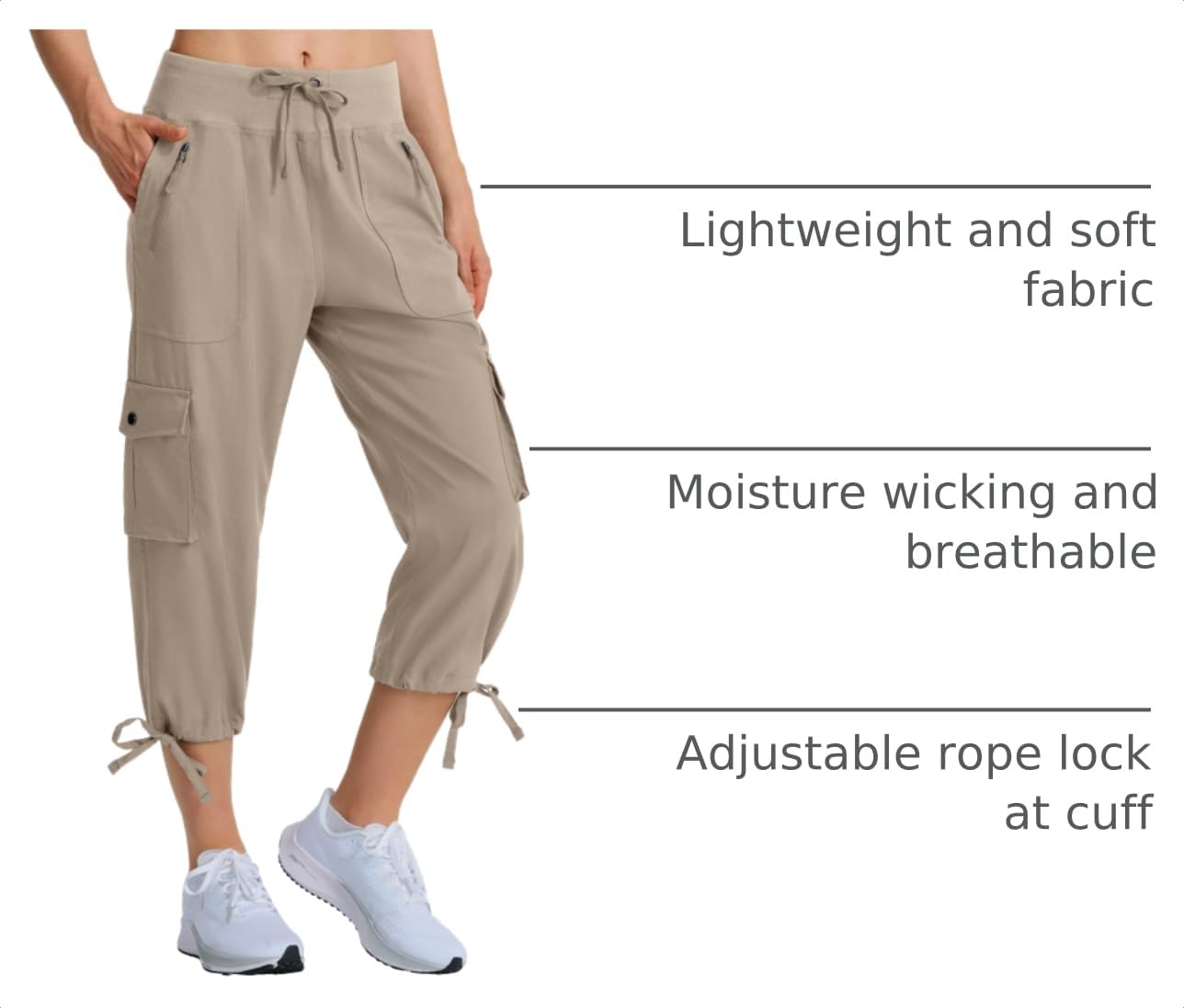 Ksmien Women's Hiking Capris Quick Dry Lightweight Ladies Summer Cargo Pants 8 Pockets for Travel Camping Khaki