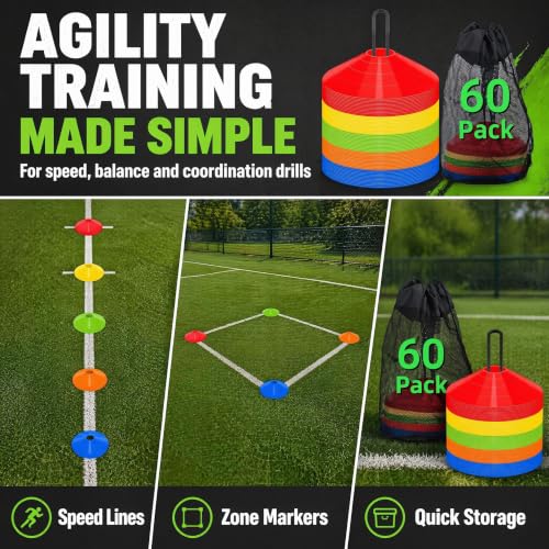 60 Pack Agile Soccer Cones with Portable Bags & Brackets