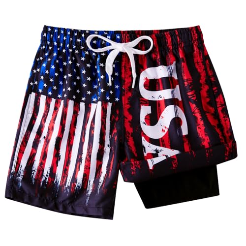 Boys Swim Trunks with Compression Liner Boardshort Quick Dry 7-18T - TUONROAD, Blue-3 (10-12 / Blue Red White)