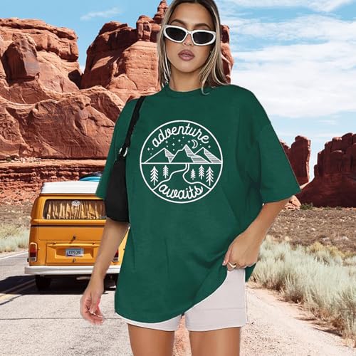Women Mountain Hiking T-Shirt - Adventure Begins Camping Tee, Small / Green1
