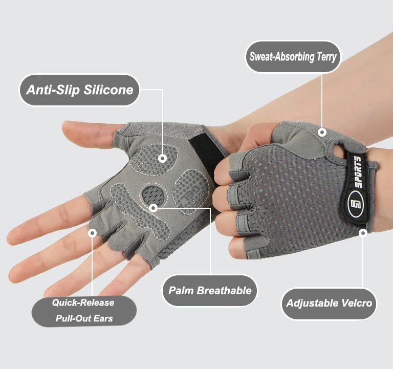 Kids Cycling Gloves - Breathable Half Finger Bike Gloves - Grey, Medium