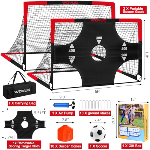 Kids Soccer Goals Set of 2 - 6x4 ft Portable Soccer Net & Accessories - Black Red