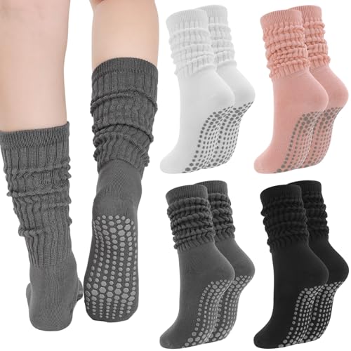 Women’s Slouch Pilates Socks with Grips - 4 Pairs, Black+White+Pink+Dark Gray