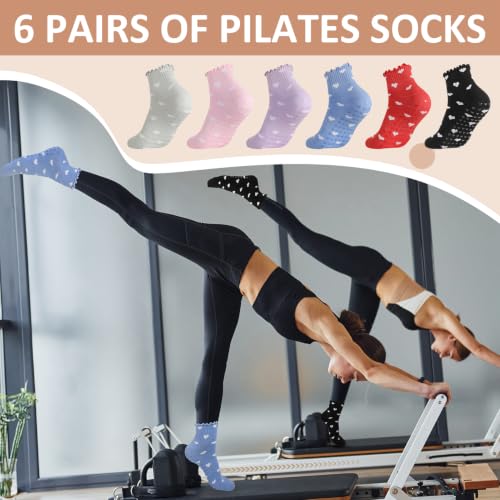 Polka Dot Pilates Socks with Grips - 6 Pairs, Multiple Colors
