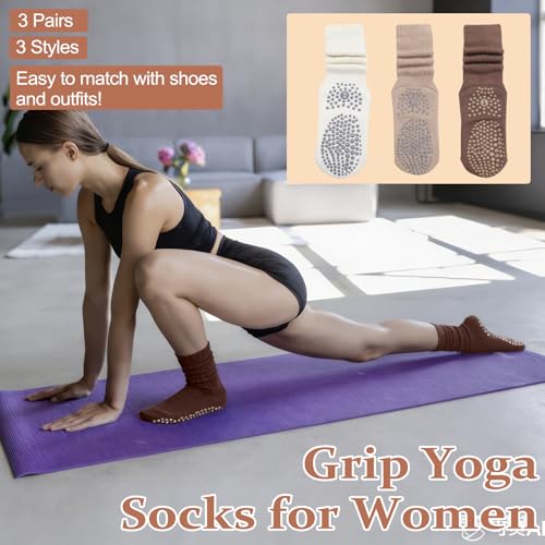 Slouchy Pilates Socks with Grips - 3 Pack - Off White, Light Brown, Khaki
