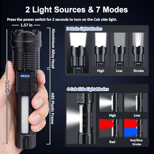 Rechargeable Flashlights High Lumens 2 Packs, 980,000L Super Bright Zoomable Tactical Flash Light with 7 Modes, Battery Powered, Cob Side Light, USB C, LED Handheld Flashlight for Emergency