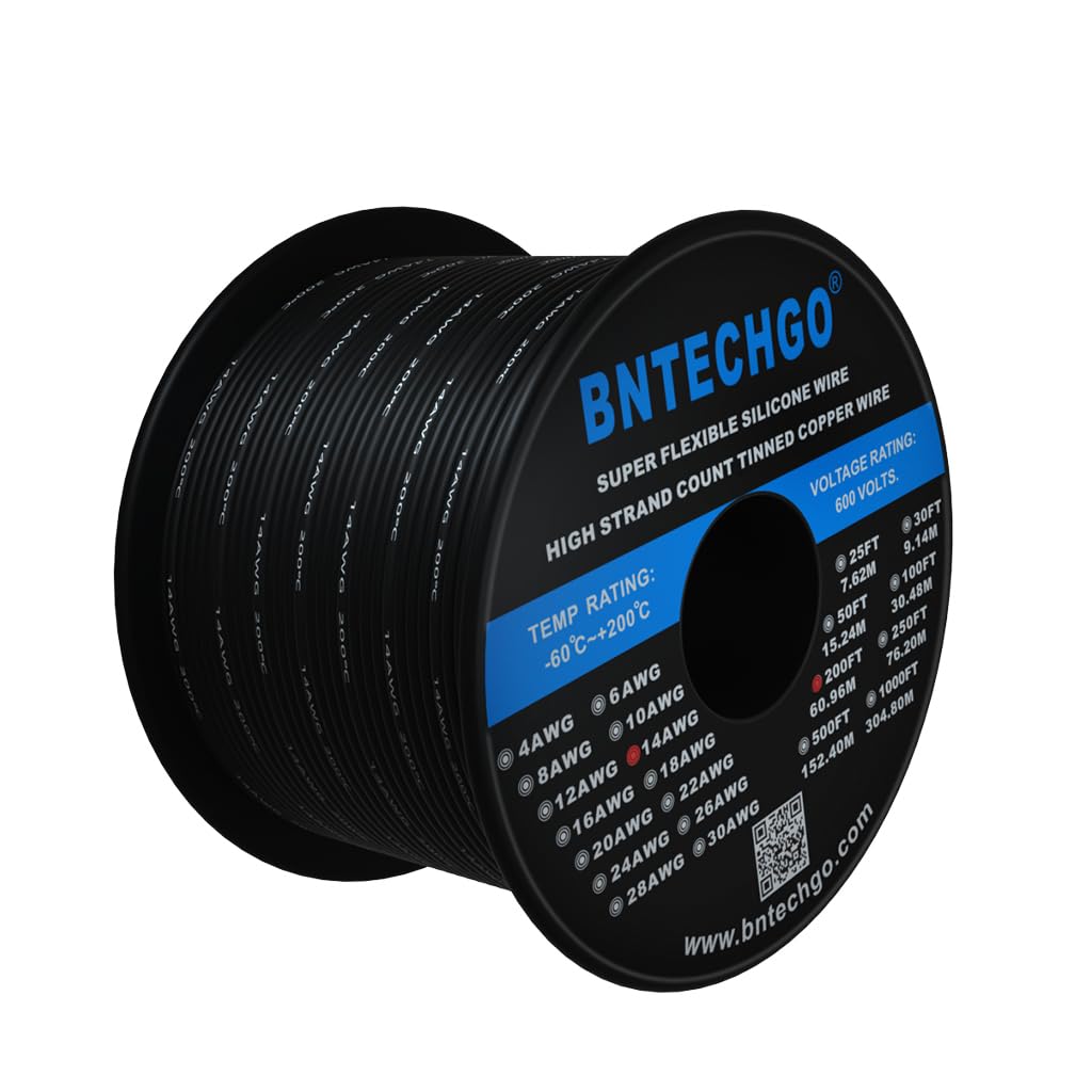 BNTECHGO 14 Gauge Silicone Wire Spool 200 ft Black Flexible 14 AWG Stranded Tinned Copper Wire
