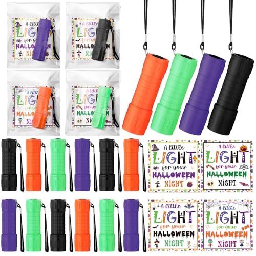 Flutesan 24 Sets Halloween Gifts Bulk Flashlights Set with a Little Light for Halloween Night Cards 9 LED Handheld Lights with OPP Bag for Trick or Treat Party Favors