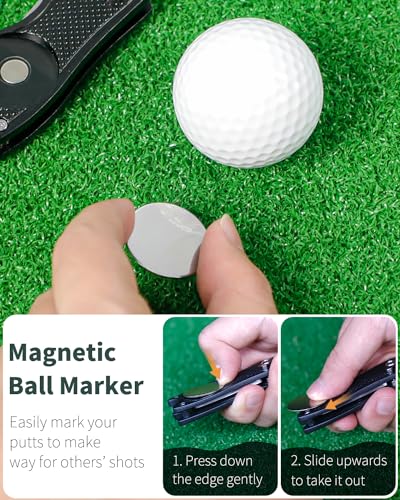 Foldable Golf Divot Repair Tool with Magnetic Ball Marker - Black