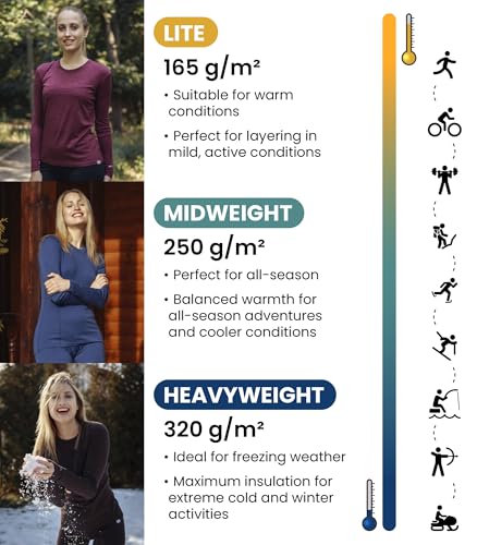 Merino.tech 100% Merino Wool Women’s Base Layer Long Sleeve Thermal Shirt