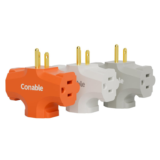 3-Outlet Adapter, 3 Prong Plug Extender, Heavy-Duty Grounded Power Tap 3 Way Splitter Adapter, Electric Outlet Expander Sideways, Multiple Colors, T-Shape Design, ETL Listed, Orange/White/Grey, 3 Pack