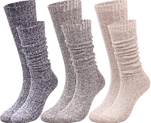 3 Pairs Women's Winter Wool Knee High Boot Socks - Beige/Blue/Grey