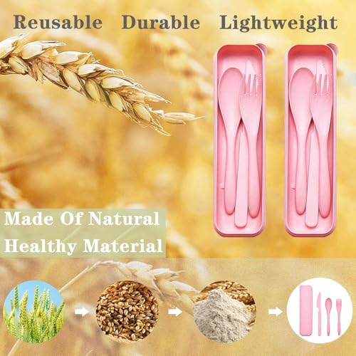 Pink Reusable Travel Utensils Set with Case - Wheat Straw Eco-Friendly Cutlery