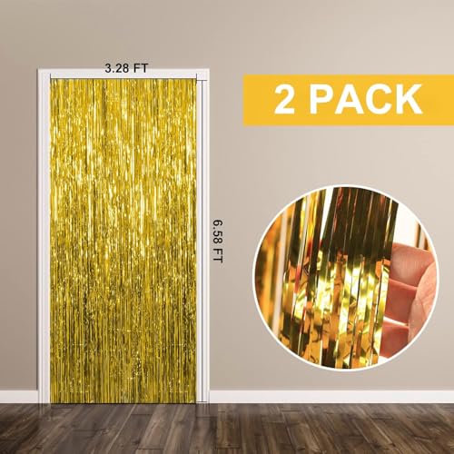 Gold Foil Fringe Backdrop - 2 Pack Tinsel Streamers for Party Decorations