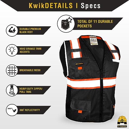 KwikSafety - Charlotte, NC - UNDERBOSS Safety Vest [11 POCKETS] Premium ANSI Class Unrated High Visibility Vest Construction Surveyor Reflective Vest Industrial Work Safety Vest for Men/Black 2XL