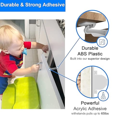 20 Pack Upgraded Invisible Baby Proofing Cabinet Latch Locks ? No Drilling & Tools Needed, Fits Most Cabinets & Drawers, Works with Countertop Overhangs, Strong Adhesive for Easy & Secure Installation