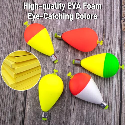 Weighted Fishing Bobbers - 5 Pack Snap-on Spring Floats - Green/Fluorescent Yellow, 1.6in