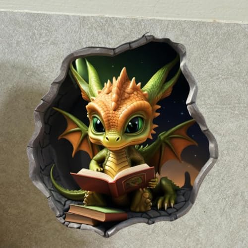 Dragon Reading in Wall Hole Decal, 3D Wall Sticker, 5 in, Pack of 2 (Green)