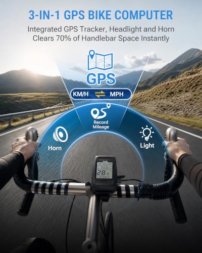 GPS Bike Computer with Headlight & Electronic Horn - 3-in-1 Cycling Tracker