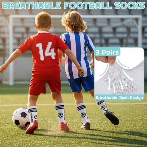 Anti-Slip Athletic Soccer Socks - 3 Pairs, Grip Pads - White, Size 5-8