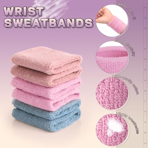 Wrist Sweatbands for Sports - Absorbent Cotton, Pack of 6 - Flesh Pink, Pink, Dark Blue