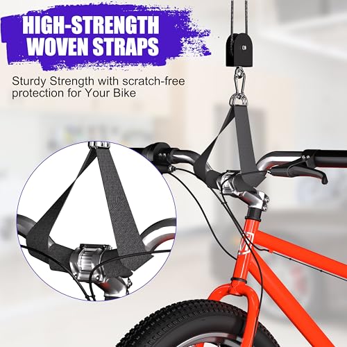 Bike Hoist, Heavy Duty Ebike Lift Pulley System for Garage Ceiling Overhead Storage for Bicycle, Ladders, Snowboard, Holds Up to 85 lbs Capacity, Fit 10-16 Foot High Ceilings