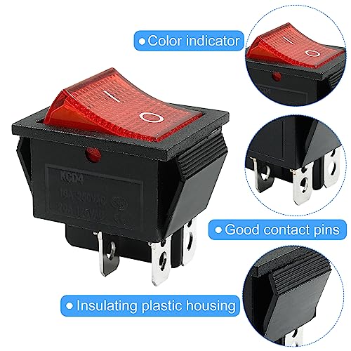 KCD4 Rocker Switch with Red LED Light - 4 Pins, 2 Position, 3 Pcs