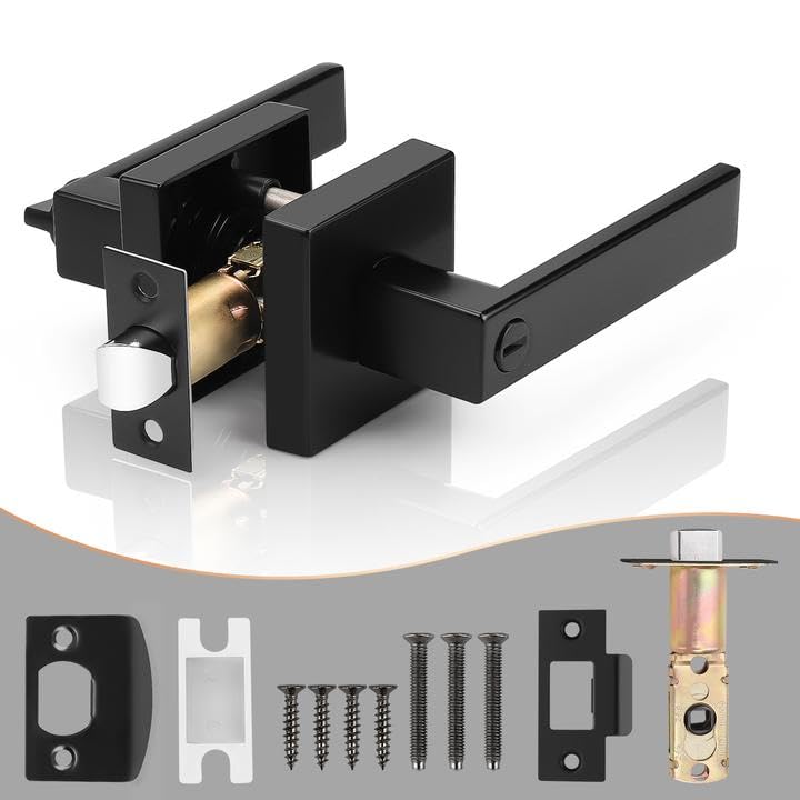 Probrico 4 Pack Square Privacy Door Levers Black Privacy Door Handles Lock Handleset Keyless Lockset Door Knobs Interior Handles for Bedroom & Bathroom