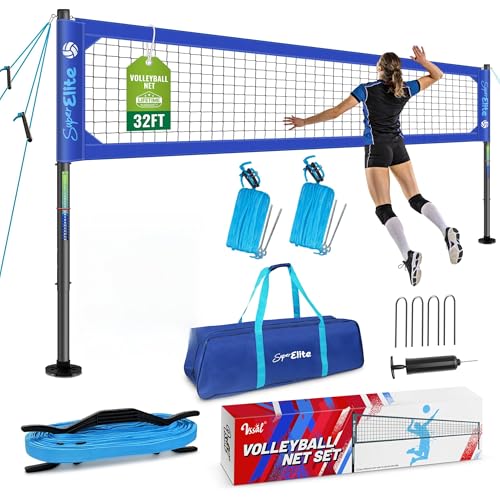 Heavy-Duty Volleyball Net Set - 32 ft Regulation, Classic Blue