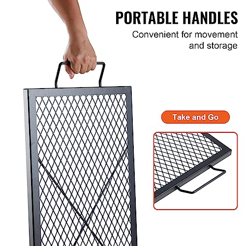 VEVOR 32x15 Inch Heavy Duty Steel Fire Pit Grill Grate with Handle, Rectangle Non-Foldable, Outdoor Camping Cooking Grid