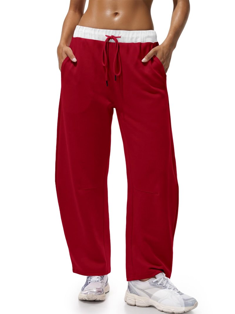 Fisoew Womens Wide Leg Sweatpants Baggy Drawstring Elastic Waisted Travel Track Pants Color Block Joggers with Pockets Red
