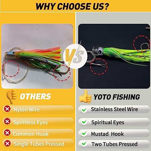 YOTO 9in 6pcs Trolling Lure Kit — Saltwater Deep Sea Skirted Lures for Tuna Marlin Wahoo