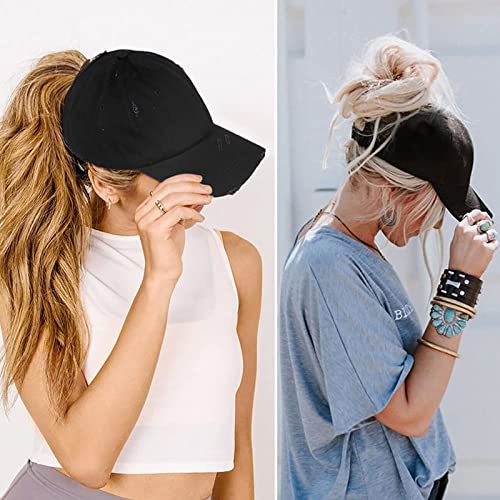 Distressed Ponytail Baseball Cap - Adjustable Cotton Hat - Black