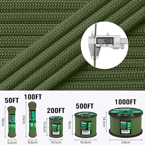 Heavy Duty Paracord Rope 750 lb - 100ft Army Green, 12-Strand