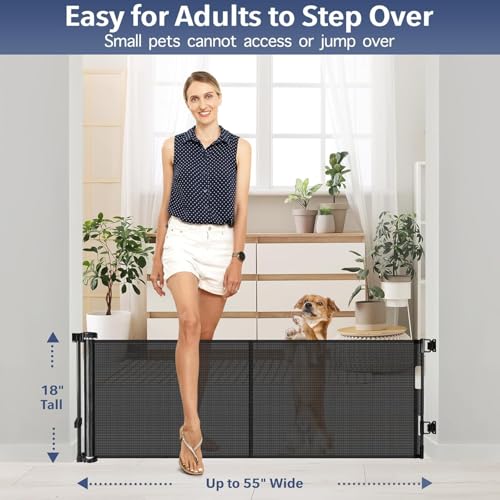 Reinforced 18 Inch Tall Retractable Dog Gate for Stairs, 55" Wide Step Over Pet Gate for Doorways, Small Pet Gate Retractable Gate Indoor/Outdoor Short Gate for Small Dogs - No Bottom Squeeze, Black
