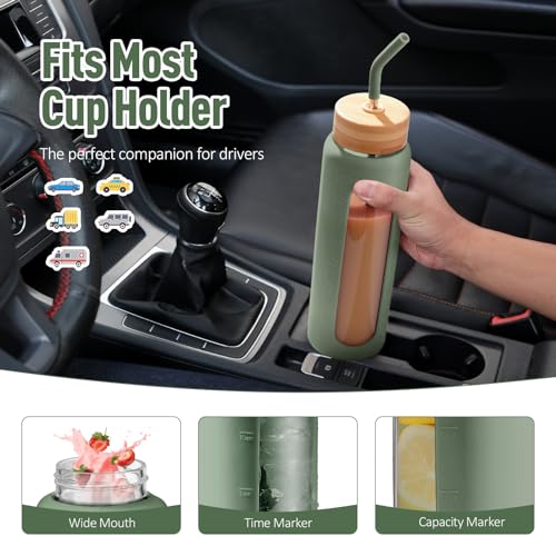 Kodrine 32oz Glass Water Bottle with 2 Lids - Olive