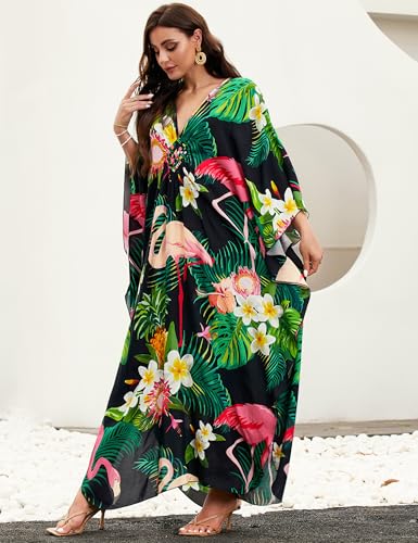 MAKABO Multicolor Flamingo Kaftan Dress for Women V-Neck Cover Up