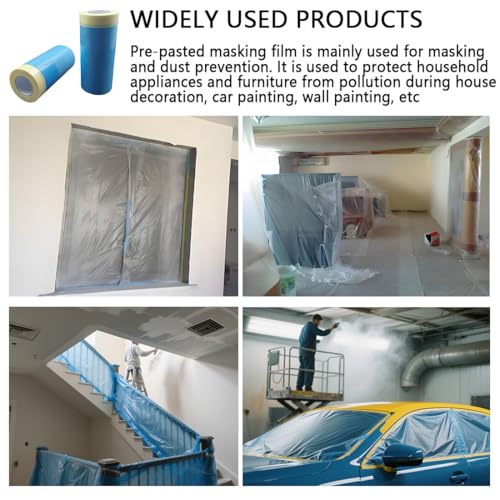 44" x 82' Painters Plastic with Tape, Pre-Taped Masking Film for Spray Painting, Protective Film for Automotive & Home Spray Painting, for Covering Cars, Walls, Windows and Furniture (1, 44" x 82')