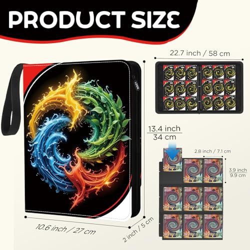 9-Pockets Card Binder 900 Cards with 50 Removable Sleeves, 3-Ring Zipper, LZSIG 4 Elements Black