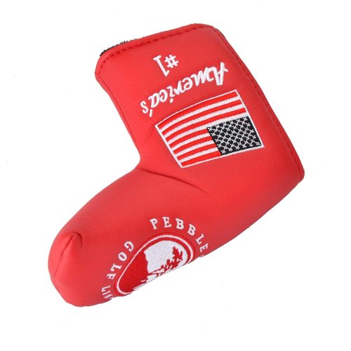 PLUSKER Golf Blade Putter Head Cover with Pebble Beach and USA American Flag Pattern Red Leather Creative Putters Club Protector