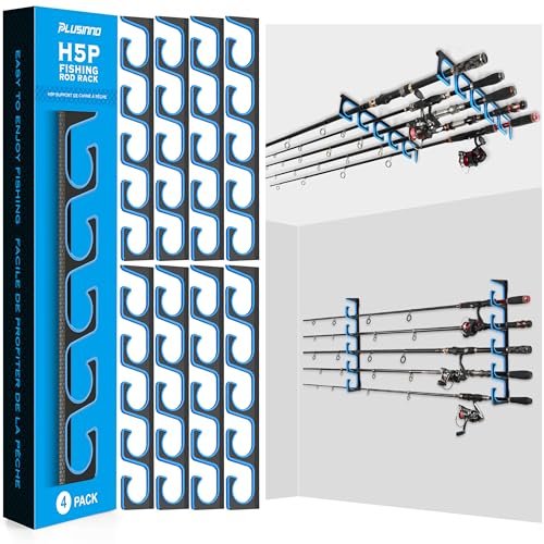PLUSINNO H5P Fishing Rod Holders 4 Pack for Garage Wall & Ceiling Storage, Holds Up to 20 Rods, Blue