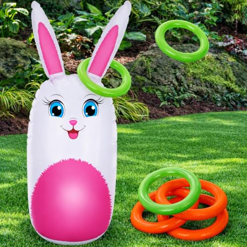Outdoor Easter Bunny Ring Toss Game with Inflatable 34-Inch Bunny and 6 Rings