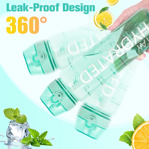 GOPPUS 32oz Light Green Water Bottle with Straw, Time Marker, Leak-Proof Cap
