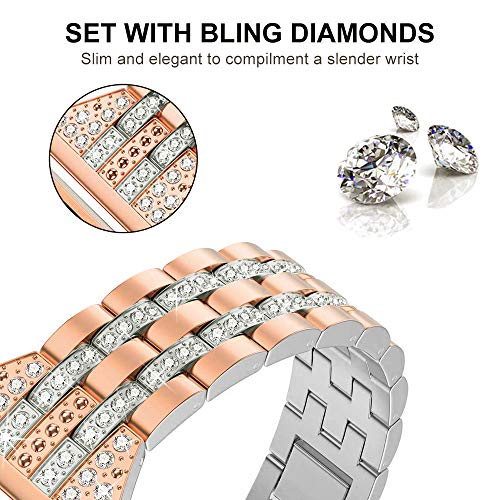 Mtozon Rhinestone Metal Replacement Band for Fitbit Versa 2/Versa Lite, Copper Gold with Silver