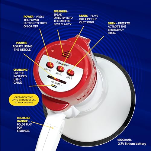 Croove Rechargeable White & Red Portable Megaphone with Siren & Volume Control