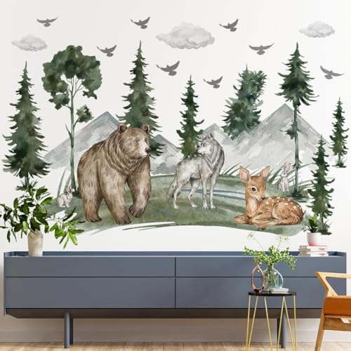 Large Green Tree Forest Wall Decals 3D Jungle Wild Animals Wall Stickers DIY Peel and Stick Watercolor Woodland Safari Bear Wolf Deer Mountain Trees Decor for Kids Boys Bedroom Living Room Nursery