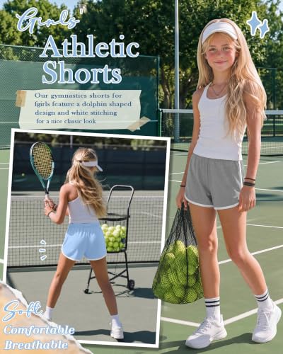 4 Pack Girls' Athletic School Shorts - 9-10 Years, Rose Red, Pink, Blue, Light Heather Gray